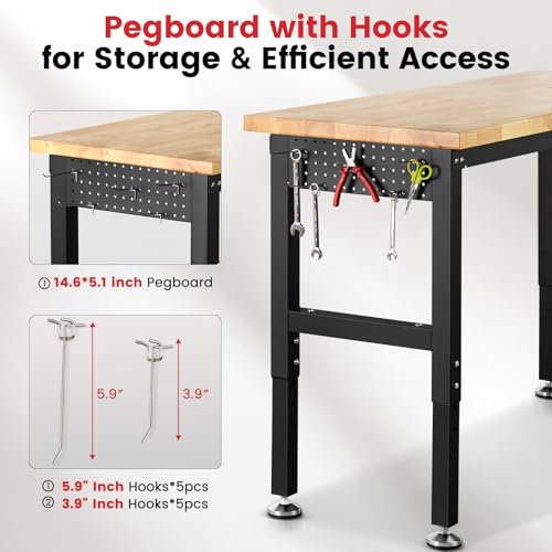 ENJOYWOOD 60" Adjustable Workbench, 1.2" Rubber Wood Top Heavy Duty Workstation, 2500 LBS Load Capacity Hardwood Work Table with Power Outlets & Pegboard, for Garage, Workshop & Home
