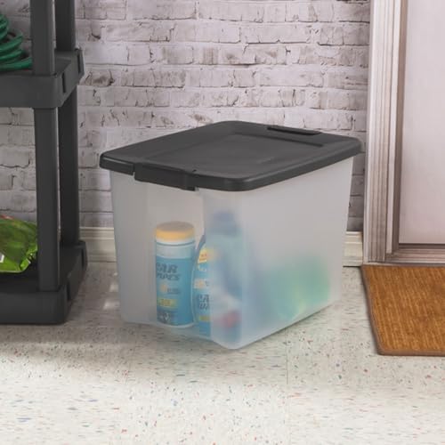 Sterilite 12-Pack 50 Quart ShelfTotes, Clear Plastic Storage Organizer Bins, Flat Gray Lid - Large Stackable Containers for Garage Shelves, Basement Room, Attic, and Home Organization