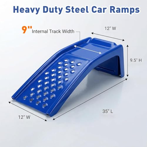 Heavy Duty Car Ramps for Oil Changes, 2 Pack Solid Steel Vehicle Ramps, 8,000 LBS Capacity Per Pair, 35" x 12" x 9.5", Auto Service Ramps, 9" Tire Track Width, Traction Hole Surface, Blue