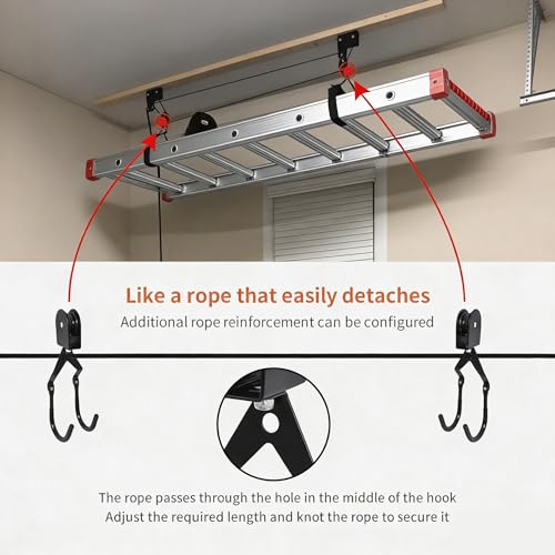 SYDSZ Ladder Storage Ceiling Hoist – Garage Pulley Lift System for Ladder Carrier Fits Garage or Shed with 125lb