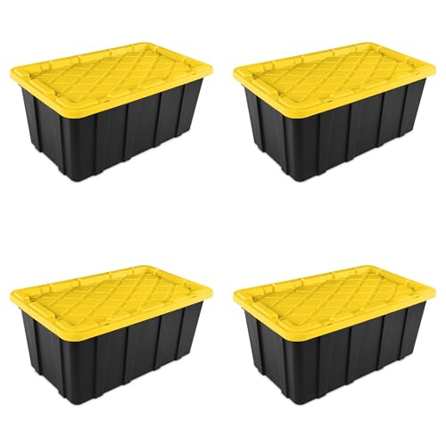 Sterilite 38 Gal Industrial Tote, Stackable Storage Bin with Snap-Fit Lid for Garage, Basement & Attic Storage, Black Base and Yellow Lily Lid, 4-Pack