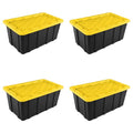 Sterilite 38 Gal Industrial Tote, Stackable Storage Bin with Snap-Fit Lid for Garage, Basement & Attic Storage, Black Base and Yellow Lily Lid, 4-Pack