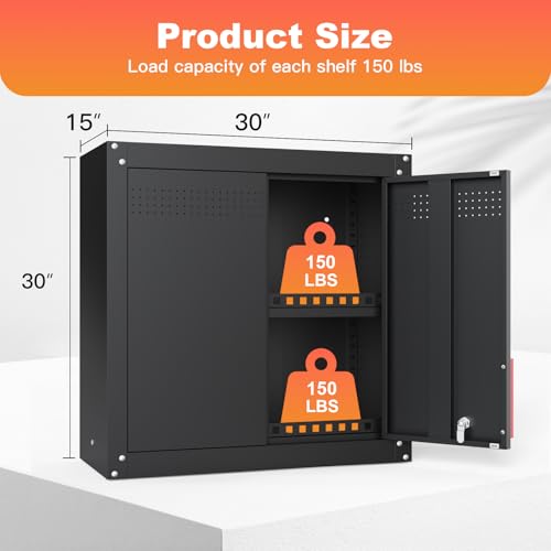 Kelueo 30" Metal Garage Wall Cabinet,Metal Wall Cabinets with Lock & Adjustable Shelf,Wall Mounted Garage Cabinet with Handle & Magnetic Door & Anti-Fall Rails for Repair Shop