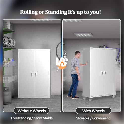 VINGLI Upgraded Wide & Deep Garage Storage Cabinet, Metal Storage Cabinet with Pegboards, Wheels, Locking Doors and Adjustable Shelves (Gray, 43''W x 20''D x 72''H)