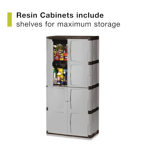 Rubbermaid Freestanding Storage Cabinet Five Shelf with Double Doors Lockable Large 690-Pound Capacity Gray For Garage/Outdoor Garden Tools/Toys/Power Tools/Pool Accessories Grey