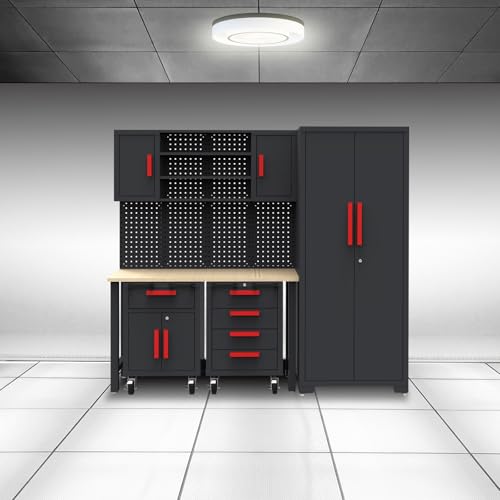 Big RED Garage Storage Cabinets System, 6-Pcs Workshop Cabinet Set in Black, Included Steel Cabinets Drawers Rolling Chest and Pegboard,Locked Garage Storage Cabinet