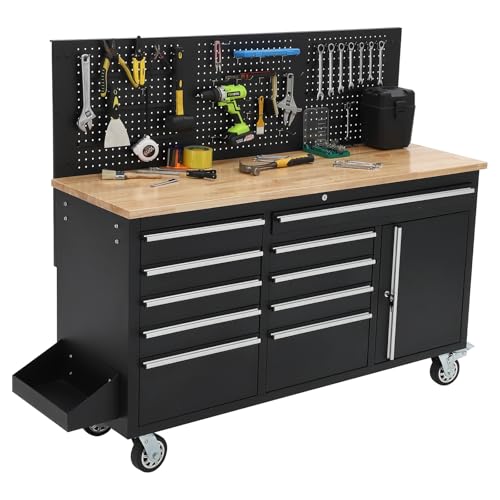 GAOMON 61-inch Rolling Tool Chest, 10 Drawers Garage Workbench Storage Tool Cabinet with Power Strip, Solid Rubber Wood Top, 1675 LBS Load Mobile Workstation, Heavy Duty Rolling Cabinet