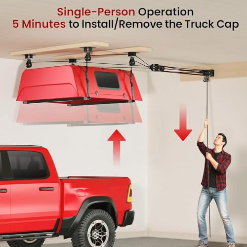 Pacikwest Truck Cap Hoist System for Garage Ceiling 250 lb, Smart 4-Point Self-Leveling Garage Hoist with 8:1 Pulley Lift System, Easy One-Person Overhead Garage Storage Lift for Truck Topper Rack