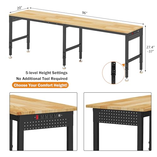 Betterhood 96" Adjustable Workbench, 5000 LBS Heavy Duty Work Table with Power Outlets & Pegboard, Rubber Wood Workstation for Garage, Workshop, Office, Home, Commercial