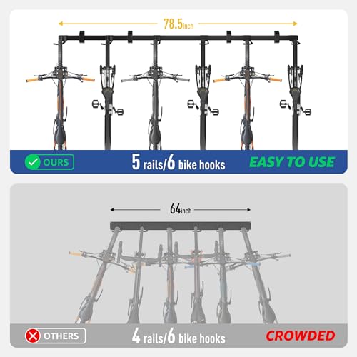 monTEK Enhanced Garage Bike Rack, Adjustable 6 Bike Hangers for Garage, Equipped with 78.5in Extended Rail to Accommodate Various Bicycle Sizes, Heavy-Duty Steel Bike Wall Mount, Max Capacity 330 lbs