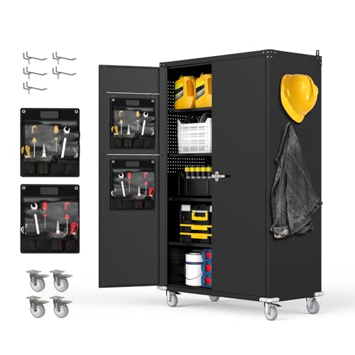 Reykilor Tall & Wide Metal Garage Storage Cabinet with 4 Adjustable Shelves, 43''W x 22''D x 72''H with Wheels & Pegboards, Heavy Duty Lockable Garage Cabinet for Warehouse, Basement, Office, Gym