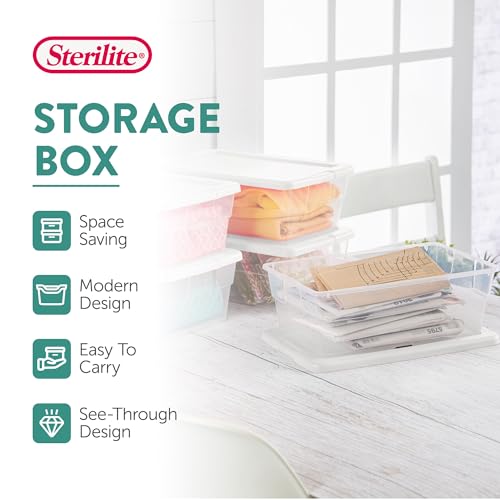 Sterilite 12-Pack 6 Quart Storage Boxes, Stackable Clear Plastic Bins with Snap-On Lids – Heavy-Duty Organizing Containers for Closet, Bathroom, and Office