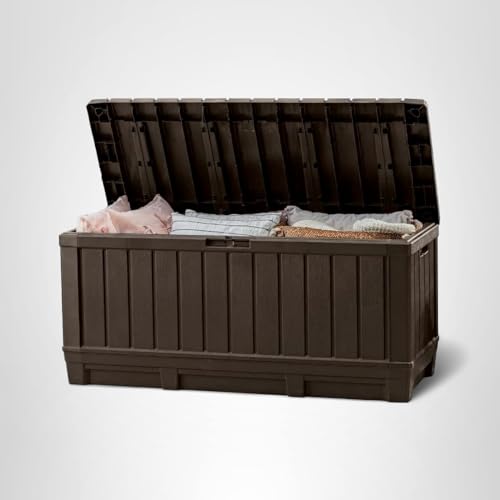 Keter Kentwood 92 Gallon Resin Deck Box-Organization and Storage for Patio Furniture Outdoor Cushions, Throw Pillows, Garden Tools and Pool Floats, Brown