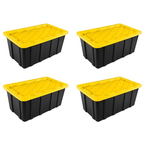 Sterilite 4-Pack Industrial Tote, Plastic Storage Container Bins with Lids, 38 Gallon - Heavy-Duty Organizing Containers for Closet, Bathroom, and Office