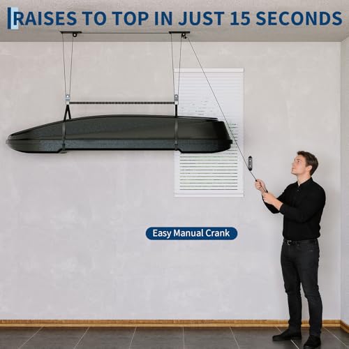 Cargo Box Garage Pulley System, Heavy‑Duty Overhead Hoist for Rooftop Cargo Boxes & Large Bins, 150 Lb Capacity, Fits 8–10 ft Garage Ceilings, Adjustable Straps & Dual Fixed‑Point Design