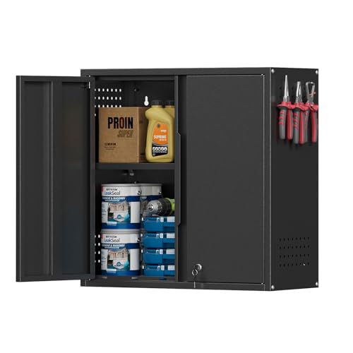 Garage Wall Cabinet, Metal Garage Cabinets with 2 Doors and Adjustable Shelf, Lockable Floating Tool Cabinet with Pegboard, Black Steel Wall Mounted Tool Cabinets for Kitchen,Office,Laundry,Warehouse