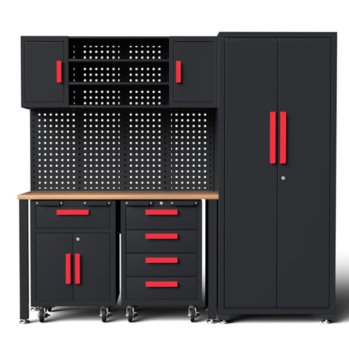 Tsnritor 6Piece Garage Storage Cabinet System, Garage Cabinets and Storage System Workshop Set with Steel Cabinet, Cabinet Drawers, Workbench, Pegboard for Tool Organization