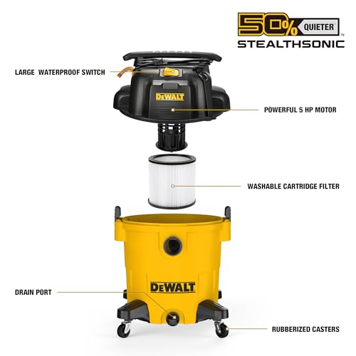 DEWALT 9 Gallon STEALTHSONIC Ultra Quiet Poly Shop Vacuum Wet/Dry, DXV09P-QTA Noise Reduction Vac for Shop, Heavy Duty Shop Vacuum