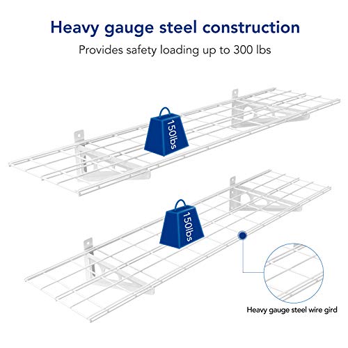 FLEXIMOUNTS 3x6 Overhead Garage Storage Adjustable Ceiling Storage Rack with 2-Pack 1x4ft 12-inch-by-48-inch Wall Shelf, 450lbs+300lbs Capacity,White