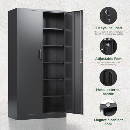 Letaya Metal Garage Storage Cabinets with Lock-72 Tall Tool Organizer Steel Lockers, 5 Adjustable Layers Shelves for Home,Office,Warehouse,Garage,(Black-72“)