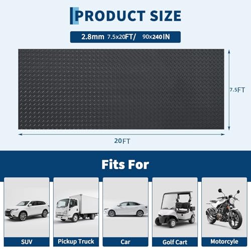 GarveeTech 7.5 x 20 ft Garage Floor Mat, 2.8 mm Thickened Flooring Roll Diamond Plate PVC Rubber Trailer Mat, Non-Slip Floor Protector Mat for Garage, Warehouse, Gyms, Trailer, SUV