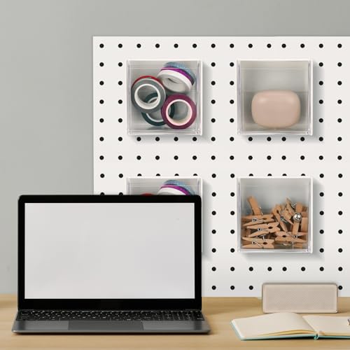 Soaoo 4 Pcs Small Pegboard Bins Magnetic Pegboard Containers clear Square Plastic Bins with Lids for Garage Workbench Workshop Room Organizing Craft Tool Hardware Small Parts Storage Accessories