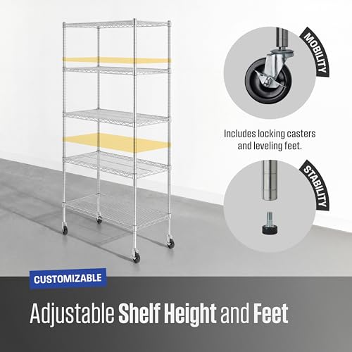 SafeRacks - NSF Certified Storage Shelves, Zinc, Heavy Duty Steel Wire Unit with Wheels and Adjustable Feet, Garage or Bakers Rack, Kitchen, Pantry Shelf - (18"x36"x72" 5-Tier) (Silver)