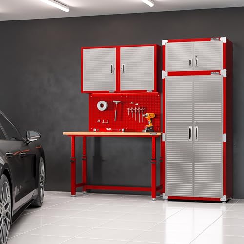 Seville Classics UltraHD 2-Piece Heavy Duty Mega Solid Steel Metal 2-Door Lockable Stacker Wall Storage, Cabinet Set Organizer for Garage, Office, Classroom, Red, 30" W x 18" D x 90.5" H