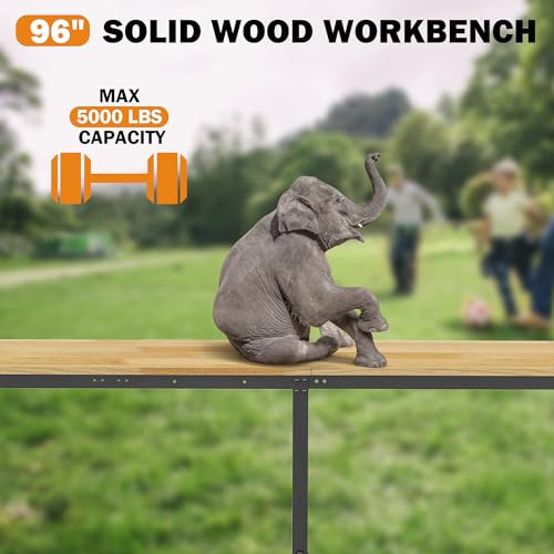Betterhood 96" Adjustable Workbench, 5000 LBS Heavy Duty Work Table with Power Outlets & Pegboard, Rubber Wood Workstation for Garage, Workshop, Office, Home, Commercial