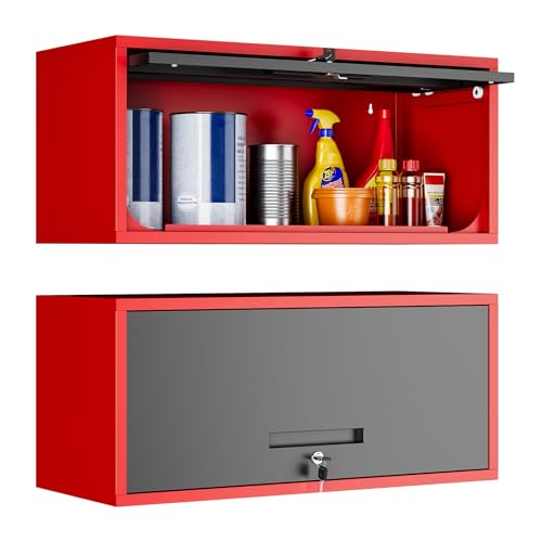 Yizosh Metal Wall Cabinet with Doors, Wall Mounted Storage Cabinet, Floating Tool Cabinet for Kitchen, Basement, Warehouse (Red Black, 13.7" H)