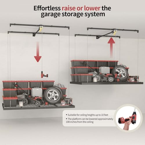 FERO Overhead Garage Storage Rack, 325 lb Capacity, 4x8 FT Garage Ceiling Storage Rack with Safety Lock (Black)