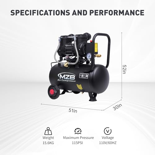MZB 6.4 Gallon Ultra Quiet Air Compressor 110V/60Hz Steel Tanks Oil-Free 70dB Noise Level Air Compressor with Wheels for Spray Painting, Auto Repair, Carpentry Decoration