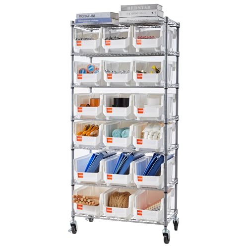 VEVOR 7-Tier Rolling Bin Storage Rack, 18 Organizer Bins, Bin Rack Storage Steel Wire Shelving System with Wheels, Mobile Tool Organizer for Garage, Warehouse, Office, Restaurant, Classroom, Kitchen