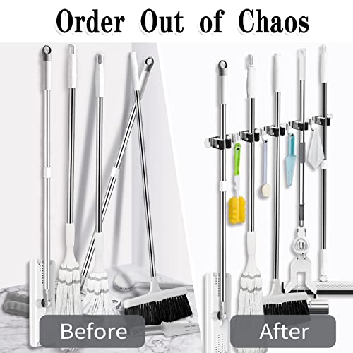AceMining 5 Racks and 4 Hooks Mop and Broom Holder Wall Mount, Broom Organizer Storage Tool Racks Stainless Steel Heavy Duty Hooks Self Adhesive Solid Non-slip for Home Kitchen Garden Laundry Garage