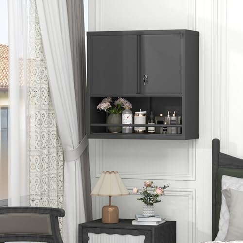GREATMEET Locking Wall Mounted Garage Cabinet, Black Metal Steel Hanging Storage Cabinets, Lockable Tool Cabinet for Garage Shop, Floating Wall Mount Cabinet