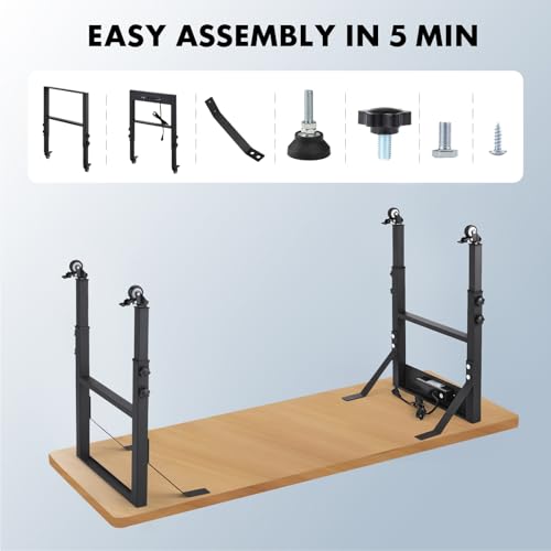19.6-Inch Depth Workbench Frame, Height Adjustable 28.5" to 33.8",Set of 4 Metal Wheels with Brakes, Heavy Duty Industrial DIY Furniture Legs for Study（Power Outlets/Wheel）