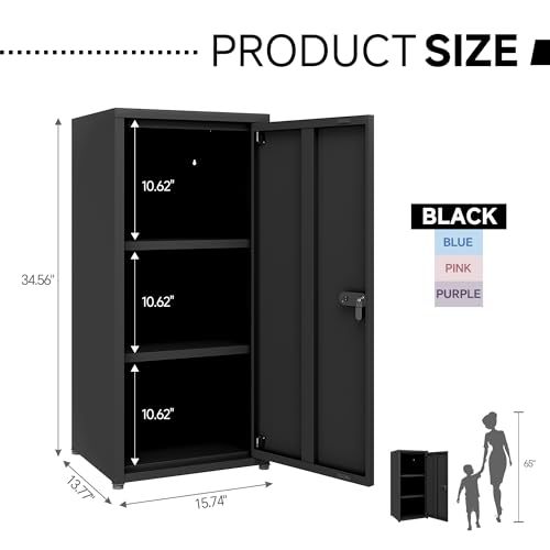MIOCASA Metal Storage Cabinet with Lock, 3 Adjustable Shelves Single Door Steel Locker for Home, Office & Garage (Black)