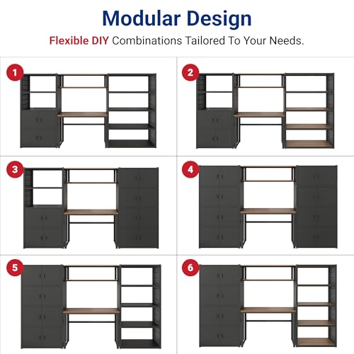 FLEXIMOUNTS Garage Storage Cabinet System, 3-in-1 Modular Metal Tool Cabinet w/ Workbench and Metal Board Shelf Includes Pegboard, 24-Gauge Steel, 117"(L) w/ 6 Doors, Black, FLEXIMOD Series