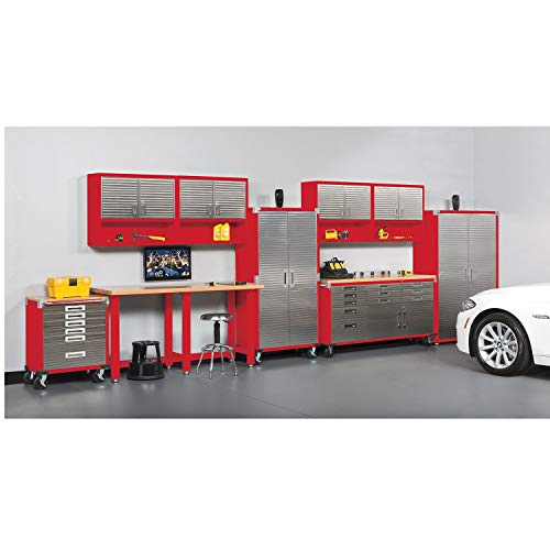 Seville Classics UltraHD Heavy Duty Rolling Cabinet Workbench Table w/Solid Wood Top, Workstation for Garage, Warehouse, Office, Workshop, 77" W x 20" D x 37.5" H, Red, 11-Drawer