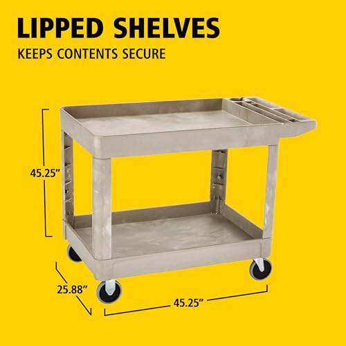Rubbermaid Commercial Products Heavy Duty 2-Shelf Utility/Service Cart, Medium, Lipped Shelves, Storage Handle, 500 lbs. Capacity, Beige, for Warehouse/Garage/Cleaning/Maintenance