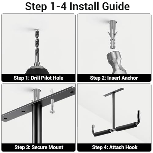 kenaeooe 4 Pack Overhead Garage Storage Hooks Heavy Duty Ceiling Mount Hangers Double T-Bar Steel Ladder Rack Space Saving Utility Hooks for Bike, Lumber, Pipe, Fishing Rod, Sports Equipment, Black