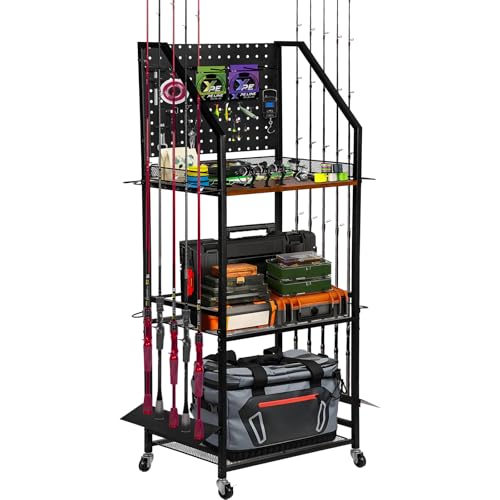 Fishing Rod Holder for Garage Organization, Fishing Rod Rack, Fishing Gear Storage up to 12 Rods with Pegboard & Hooks, Heavy Duty Fishing Cart with Wheels for Fishing Storage,Tackle Box (Large)
