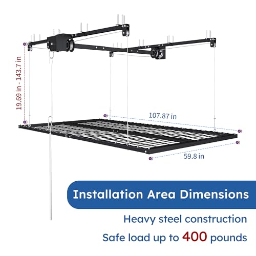 Montary 5x9 FT Overhead Garage Storage Rack for 10-12 FT Ceiling, Adjustable Ceiling Lifting Storage Rack with Safety Lock, 400LBS Capacity All-Steel Construction Heavy-Duty Garage Organizer Rack