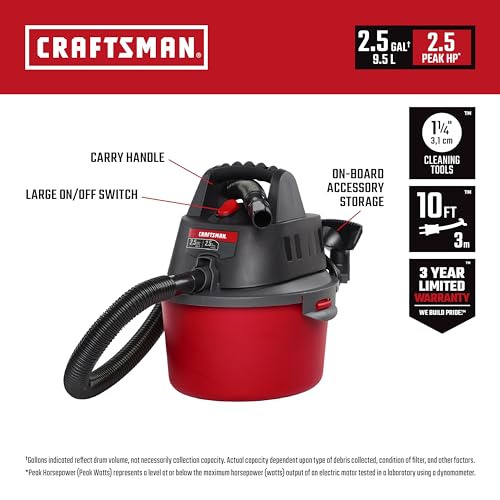 CRAFTSMAN CMXEVBE17250 2.5 Gallon 2.5 Peak HP Wet Dry Vac, Portable Shop Vacuum Wet and Dry with 4 Filter Bags, Hose and Attachments for Cleaning in the Home