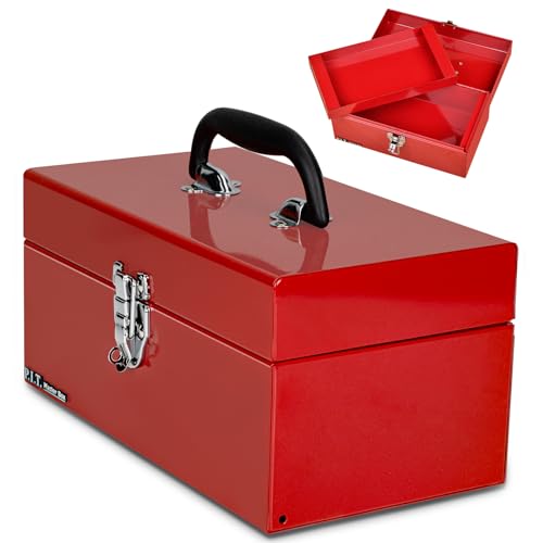 P.I.T. 12 Inch Tool Box,Portable Small Steel ToolBox with Metal Latch Closure for Household, Warehouse,Tools Storage,Red
