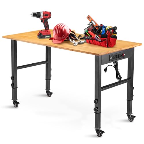 OLBRUS 48 "Adjustable Workbench with Power Outlet, Heavy Duty 2000 LBS Load Capacity Hardwood Workbench Suitable for Workshop, Office, Garage, Home with Wheels