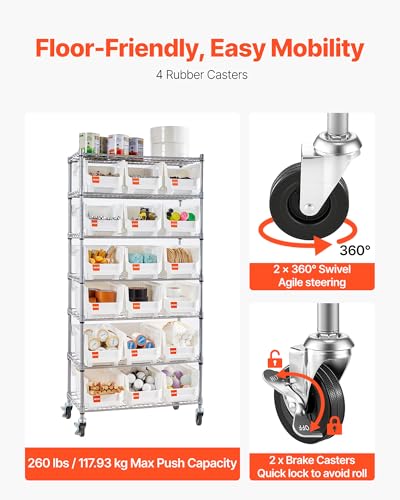 VEVOR 7-Tier Rolling Bin Storage Rack, 18 Organizer Bins, Bin Rack Storage Steel Wire Shelving System with Wheels, Mobile Tool Organizer for Garage, Warehouse, Office, Restaurant, Classroom, Kitchen
