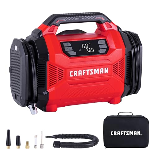 CRAFTSMAN Dual Power Tire Inflator Portable Air Compressor, 12V DC Car Plug & 120V AC Home Use, Up to 150 PSI with Digital Gauge & Auto Shut-Off, LED Light, Air Pump for Cars, Bikes & Inflatables
