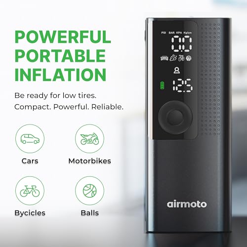 Airmoto Tire Inflator Portable Air Compressor - Air Pump For Car Tires with Digital Pressure Gauge, LED Light and Auto Shut-Off Function - Cordless Pump for Car, Motorcycle, Bicycle, Ball