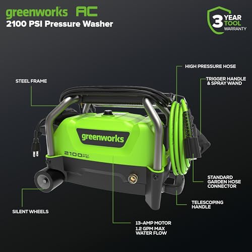 Greenworks 2100 PSI (1.2 GPM) Electric Pressure Washer (25°, 40°, Turbo Nozzle, Soap Applicator) for Use On Decks, Fences, Concrete Patios, Sidewalks & More. Medium-Duty